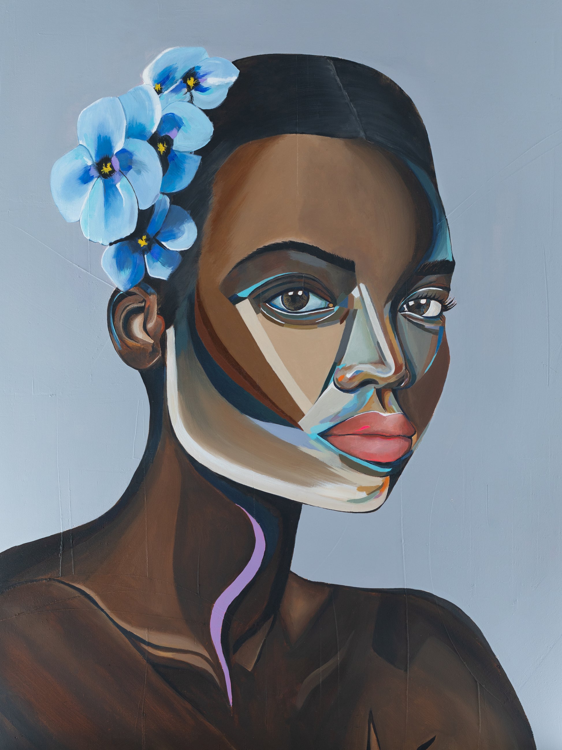 Inclusion’ by Lara Sayegh – a bold, empowering abstract portrait with vivid blue flowers on eco-friendly Giclée Fine Art Paper